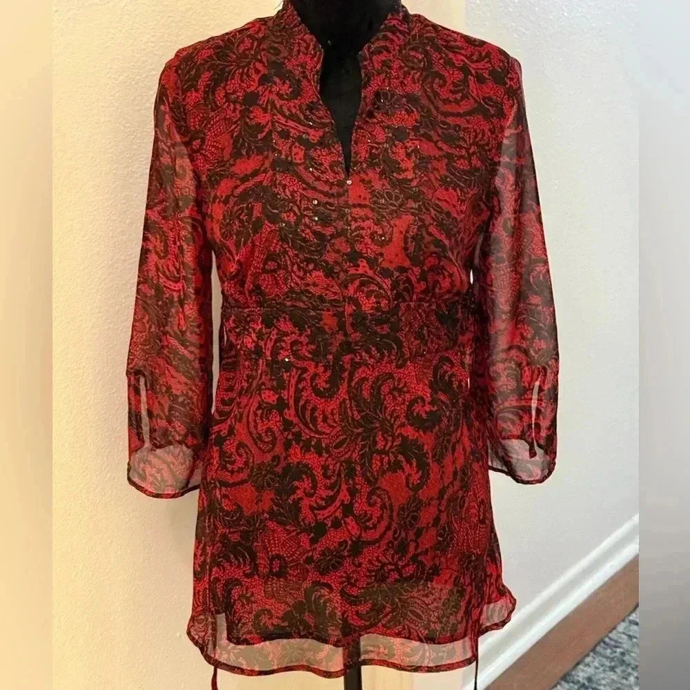 New York City Design Co. Black & Red Paisley Semi See Thru Slit Neck Midi Dress